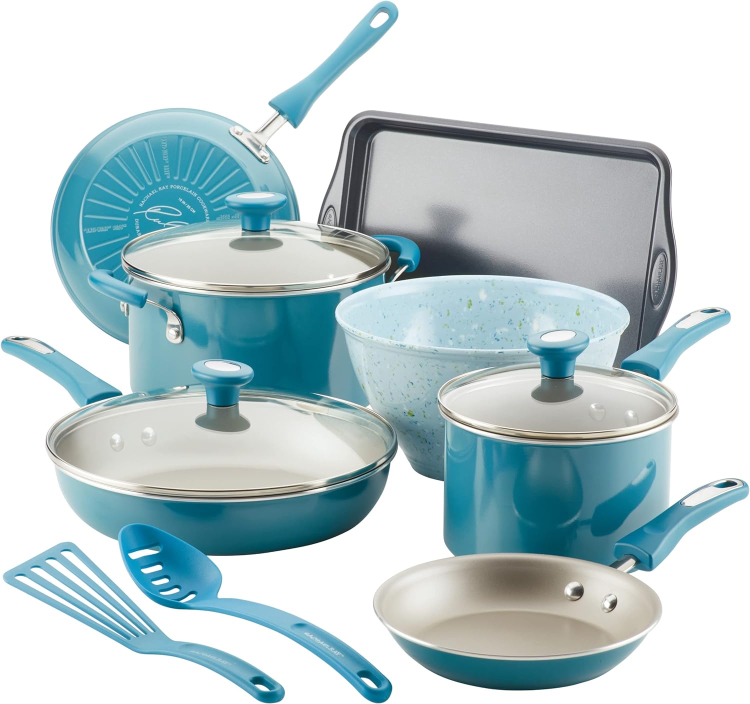 Rachael Ray Get Cooking! Nonstick Cookware Pots and Pans Set, Includes Baking Pan and Cooking Tools, 12 Piece - Turquoise