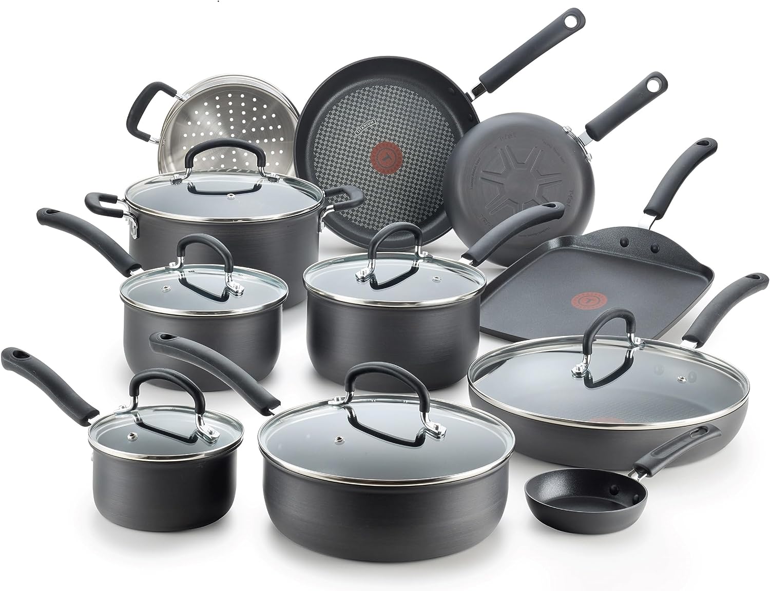 T-fal Ultimate Hard Anodized Nonstick Cookware Set 17 Piece Pots and Pans, Dishwasher Safe Black