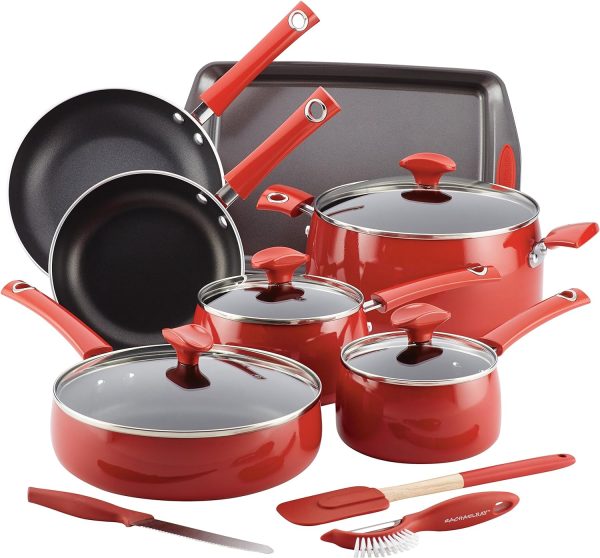 Rachael Ray Cityscapes Nonstick Cookware Pots and Pans Set, 14 Piece, Cherry