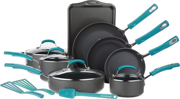 Rachael Ray Classic Brights Hard Anodized Nonstick Cookware Pots and Pans Set, 15 Piece - Agave Blue